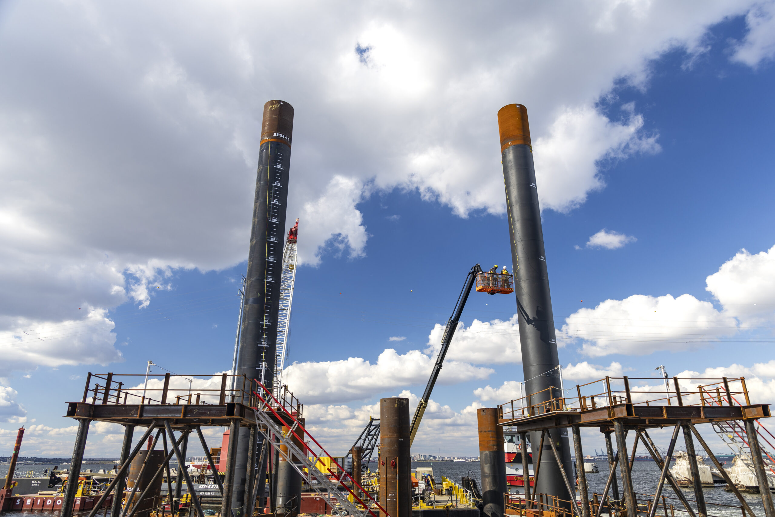 View of test piles in the water