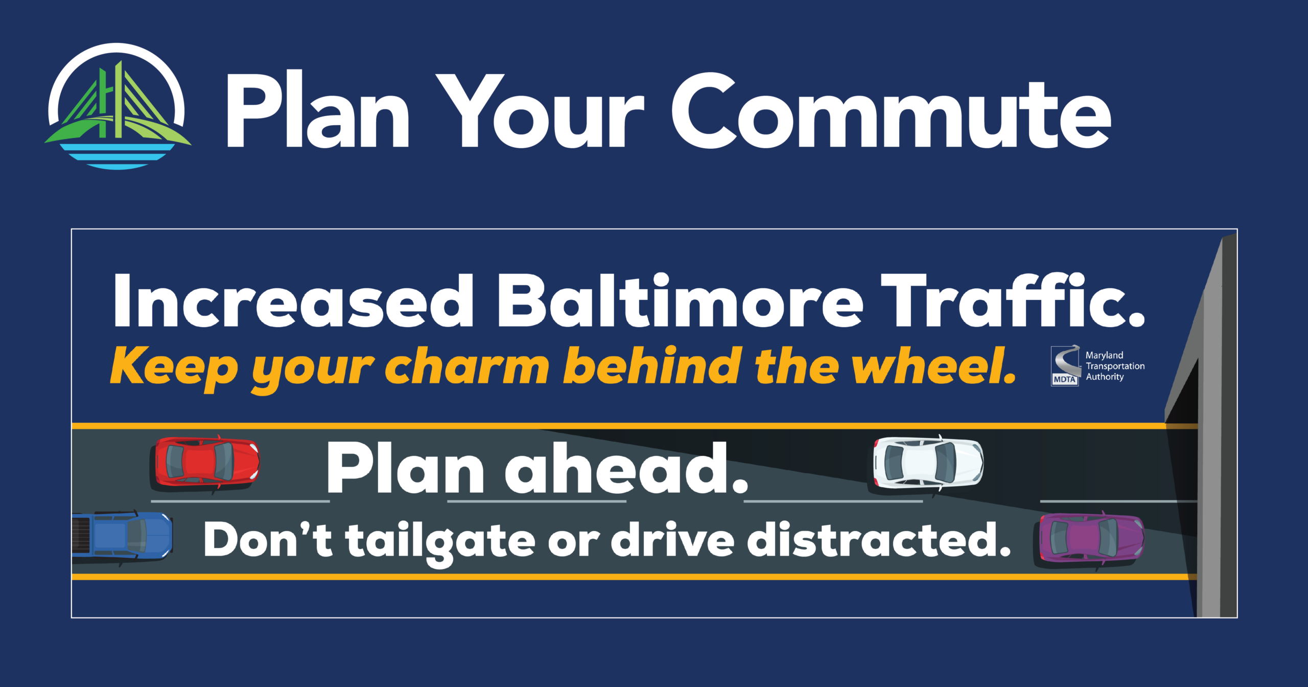 Image of illustration of aerial view of roadway with the words Plan your commute