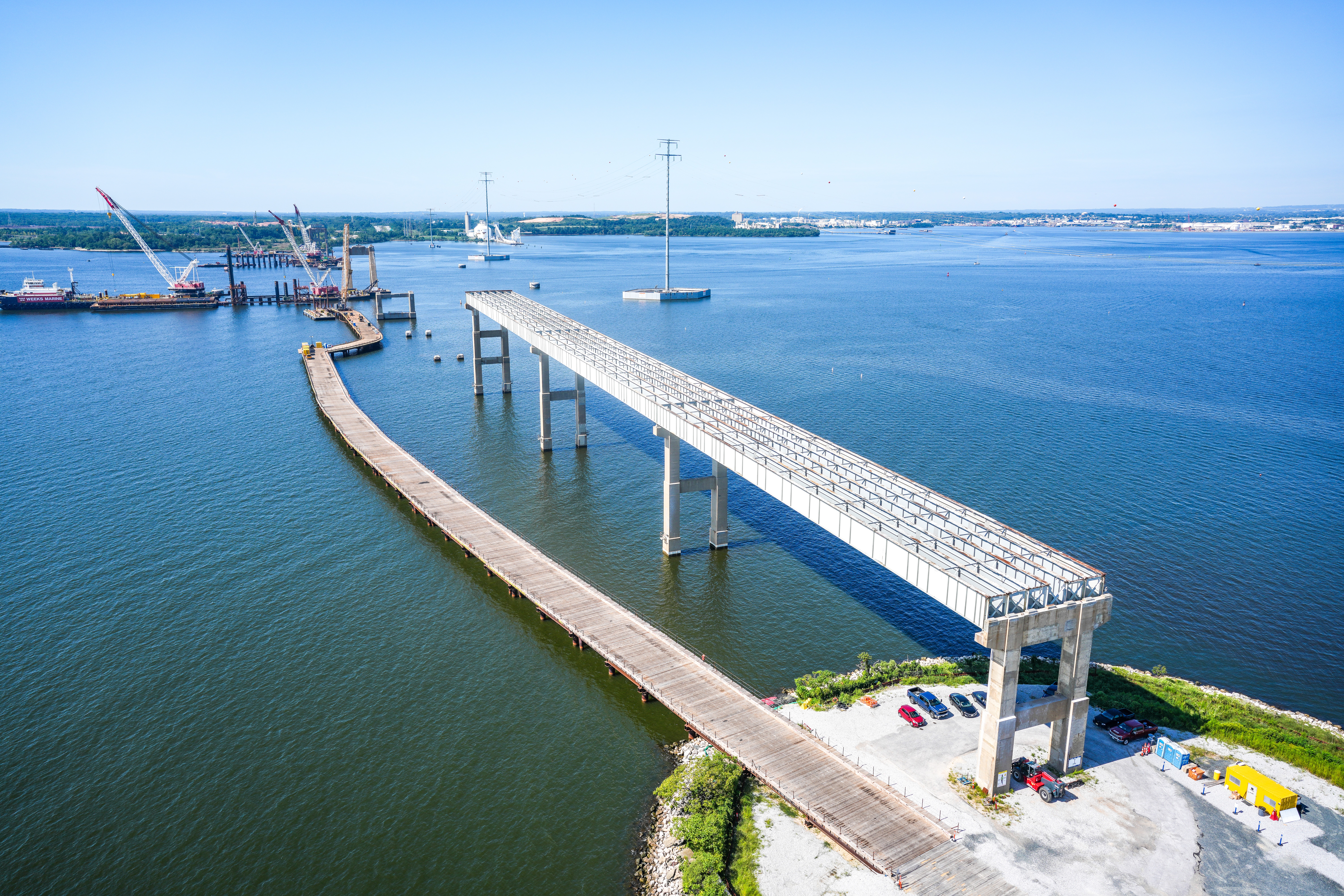 Aerial view of a trestle or work platform that is used in marine construction.